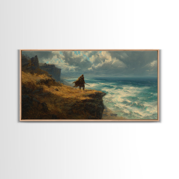 Cloaked Warrior On Ocean Cliff Wall Art, Moody Seascape Canvas Print, Fantasy Coastal Decor For Office Or Living Room Art