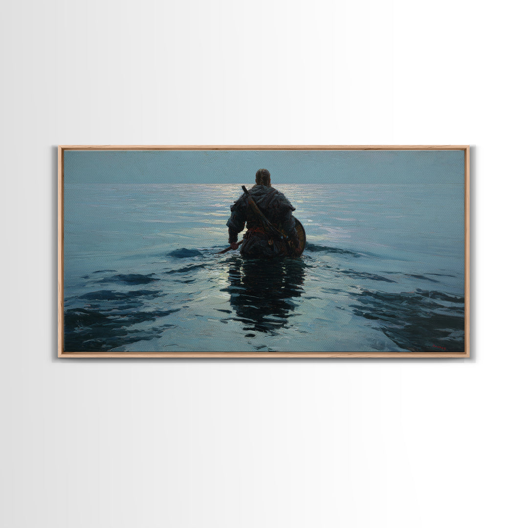 Lone Warrior Wading Into Calm Blue Sea Framed Canvas Print, Nautical Fantasy Wall Art, Moody Coastal Living Room Decor Gift