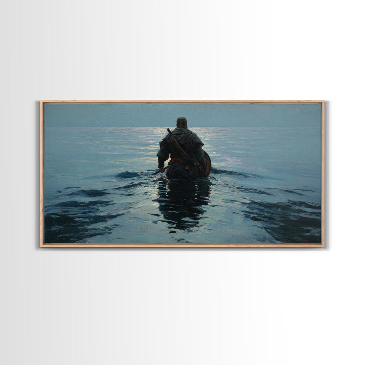 Lone Warrior Wading Into Calm Blue Sea Framed Canvas Print, Nautical Fantasy Wall Art, Moody Coastal Living Room Decor Gift