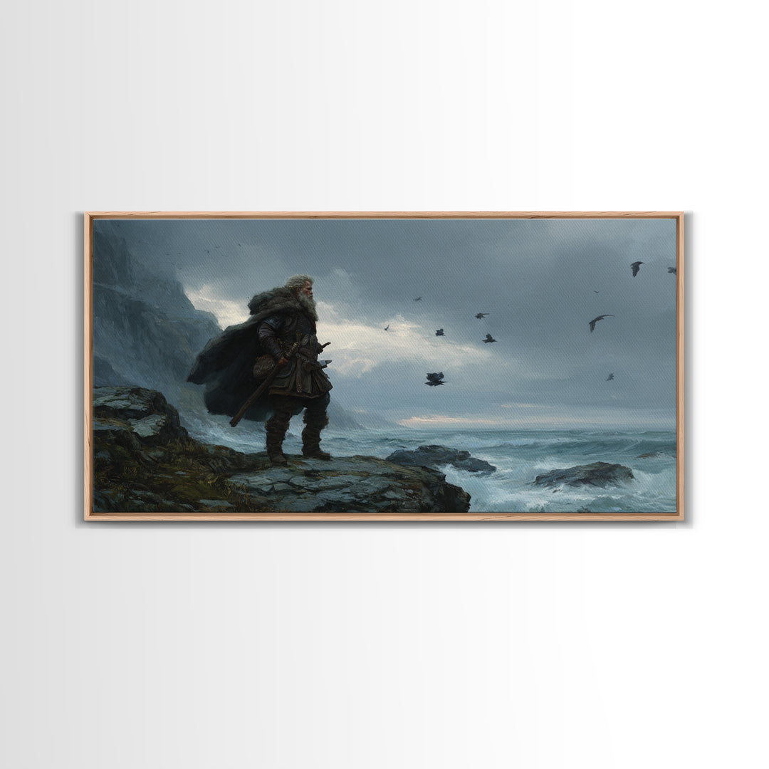 Weathered Viking On Stormy Sea Cliff Wall Art, Nordic Warrior Canvas Print For Masculine Office Decor And Coastal Home Decor
