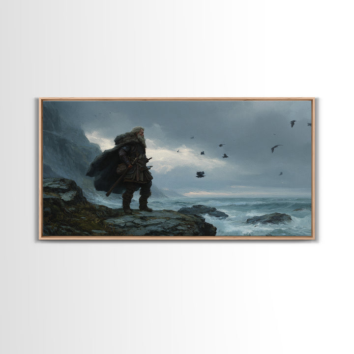 Weathered Viking On Stormy Sea Cliff Wall Art, Nordic Warrior Canvas Print For Masculine Office Decor And Coastal Home Decor