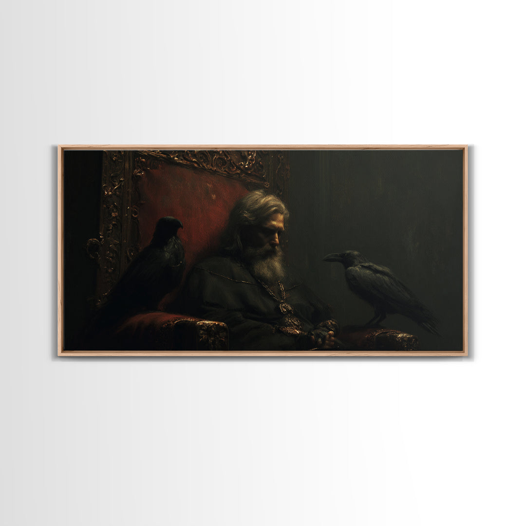 Moody Raven King Throne Portrait Wall Art, Dark Academia Gothic Canvas Decor, Medieval Fantasy Painting For Living Room Decor