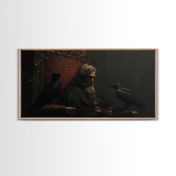 Moody Raven King Throne Portrait Wall Art, Dark Academia Gothic Canvas Decor, Medieval Fantasy Painting For Living Room Decor