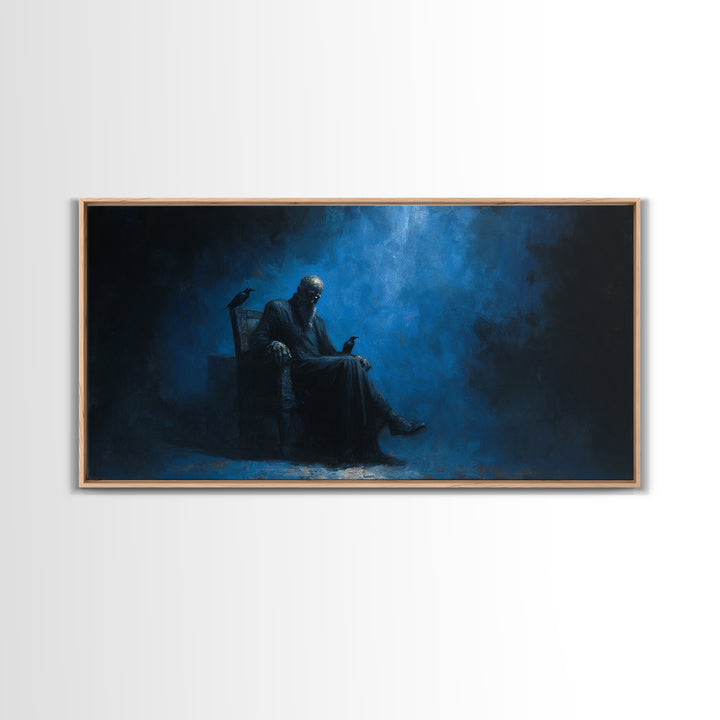 Dark Seated Figure With Raven Canvas Print Blue Gothic Portrait, Moody Wall Decor, Dark Academia Art For Living Room And Office Decor