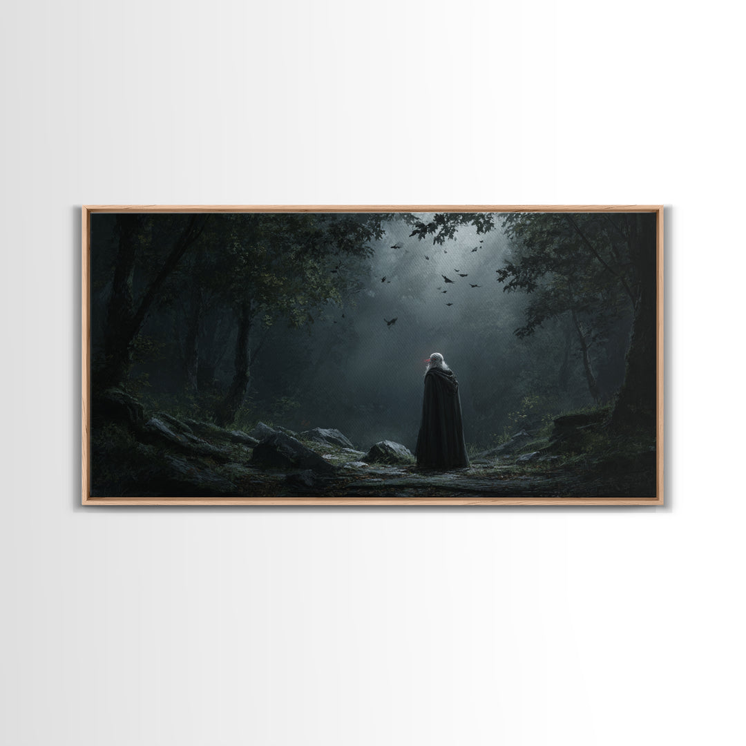 Cloaked Wanderer In Moonlit Gothic Forest Wall Art, Dark Fantasy Canvas Painting, Moody Woodland Decor Gift For Her And Witchy Home Decor
