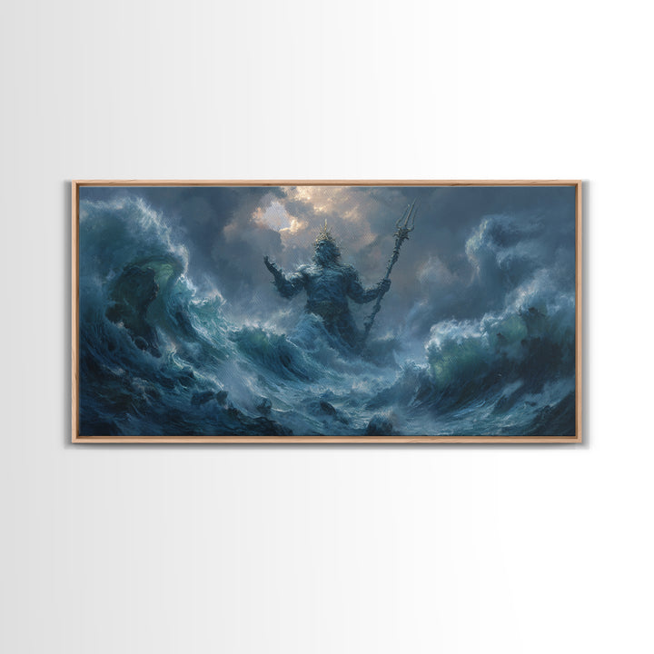 Majestic Mythical Ocean God Painting Wall Art Canvas Print For Coastal Rustic Home Decor And Living Room