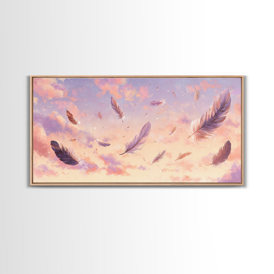 Floating Feathers Canvas Print, Pastel Sunset Sky Wall Art, Dreamy Celestial Decor, Soft Boho Bedroom Wall Decor, Gift For Her