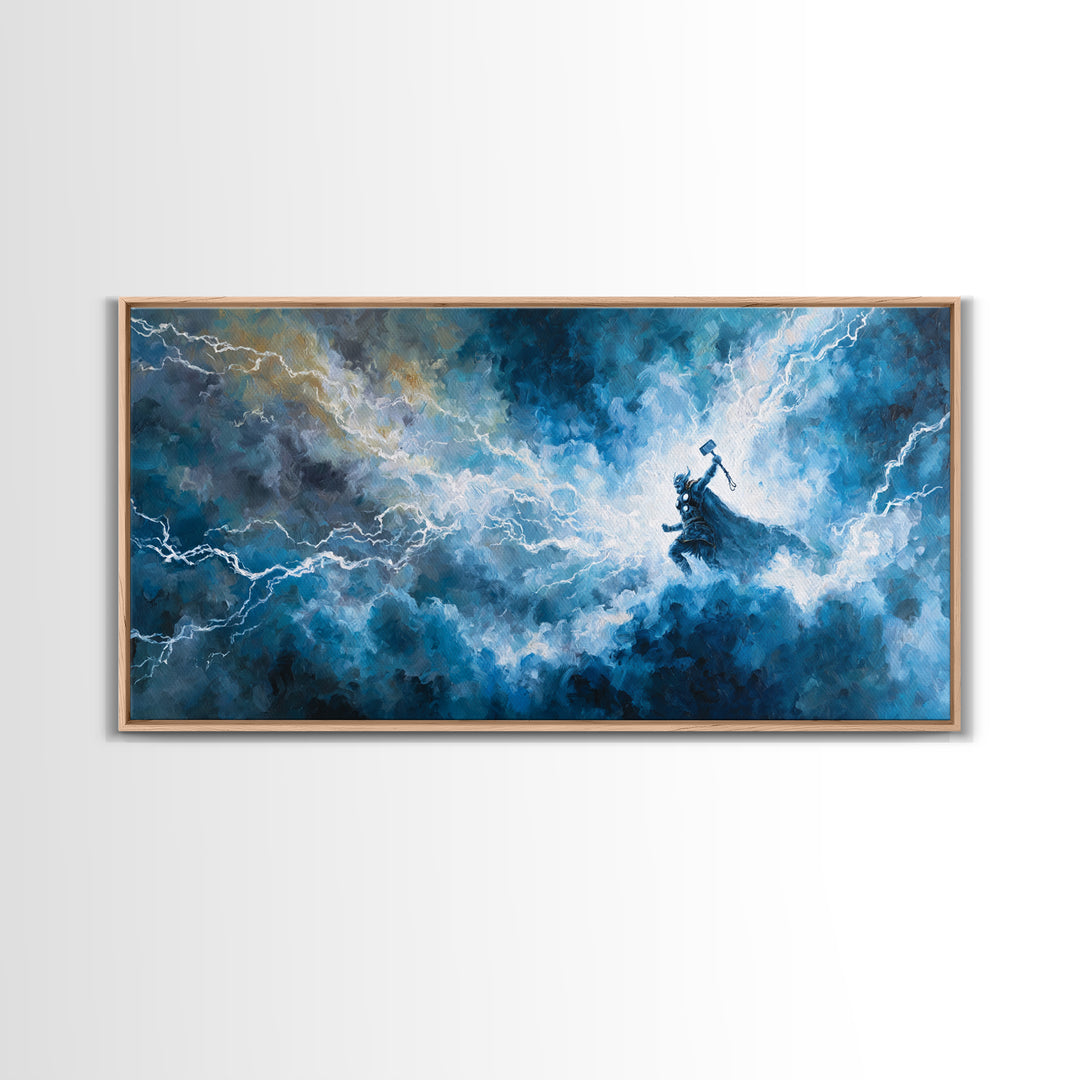 Thunder God In Lightning Storm Canvas Print Epic Fantasy Wall Art, Blue Mythology Home Decor, Viking Inspired Gift For Him