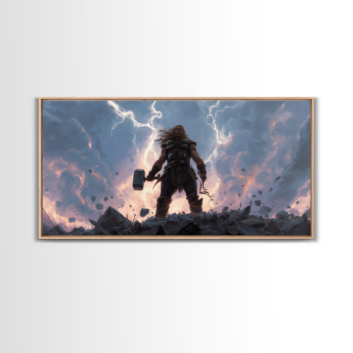 Thunder God Warrior With Hammer And Lightning Wall Art, Mythological Fantasy Canvas Print, Dramatic Storm Decor Gift For Him