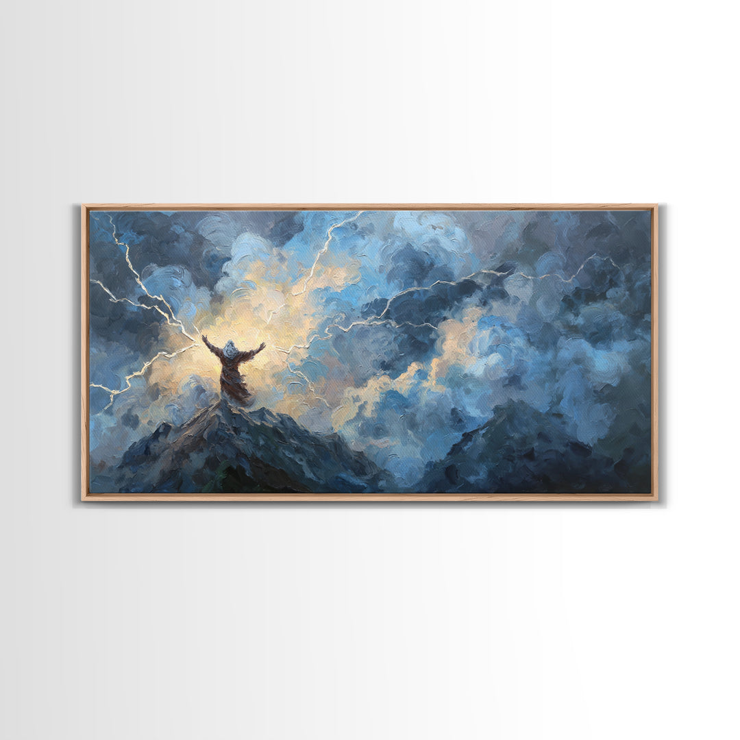 Storm Figure On Mountain Peak Canvas Print Lightning Sky Wall Art, Mythological Fantasy Landscape For Dramatic Home Decor