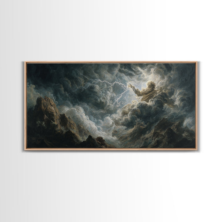 Stormy Divine Figure In Lightning Clouds Wall Art, Dramatic Mythological Canvas Print For Moody Gothic Home Decor And Fantasy Art