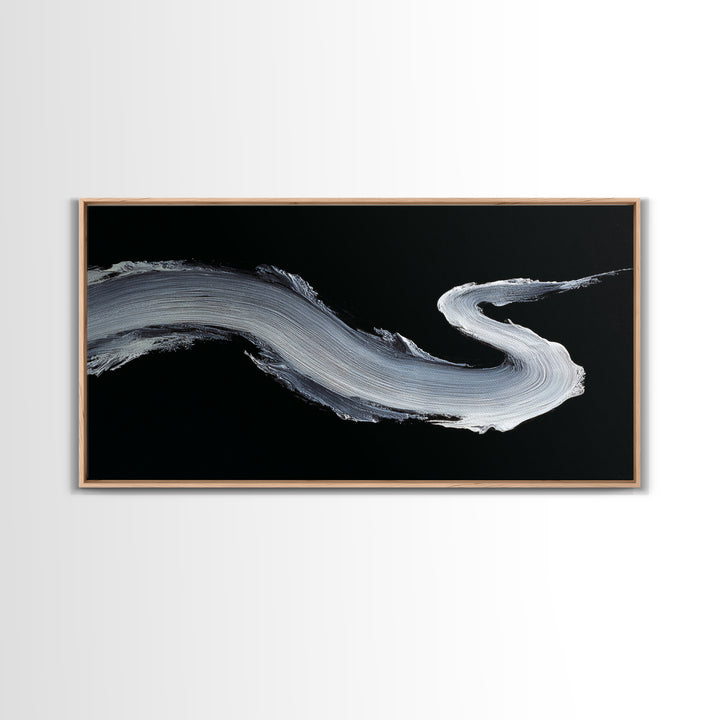 Abstract Bold White Brushstroke On Black Background Modern Wall Art, Canvas Print For Contemporary Home Decor And Office Decoration