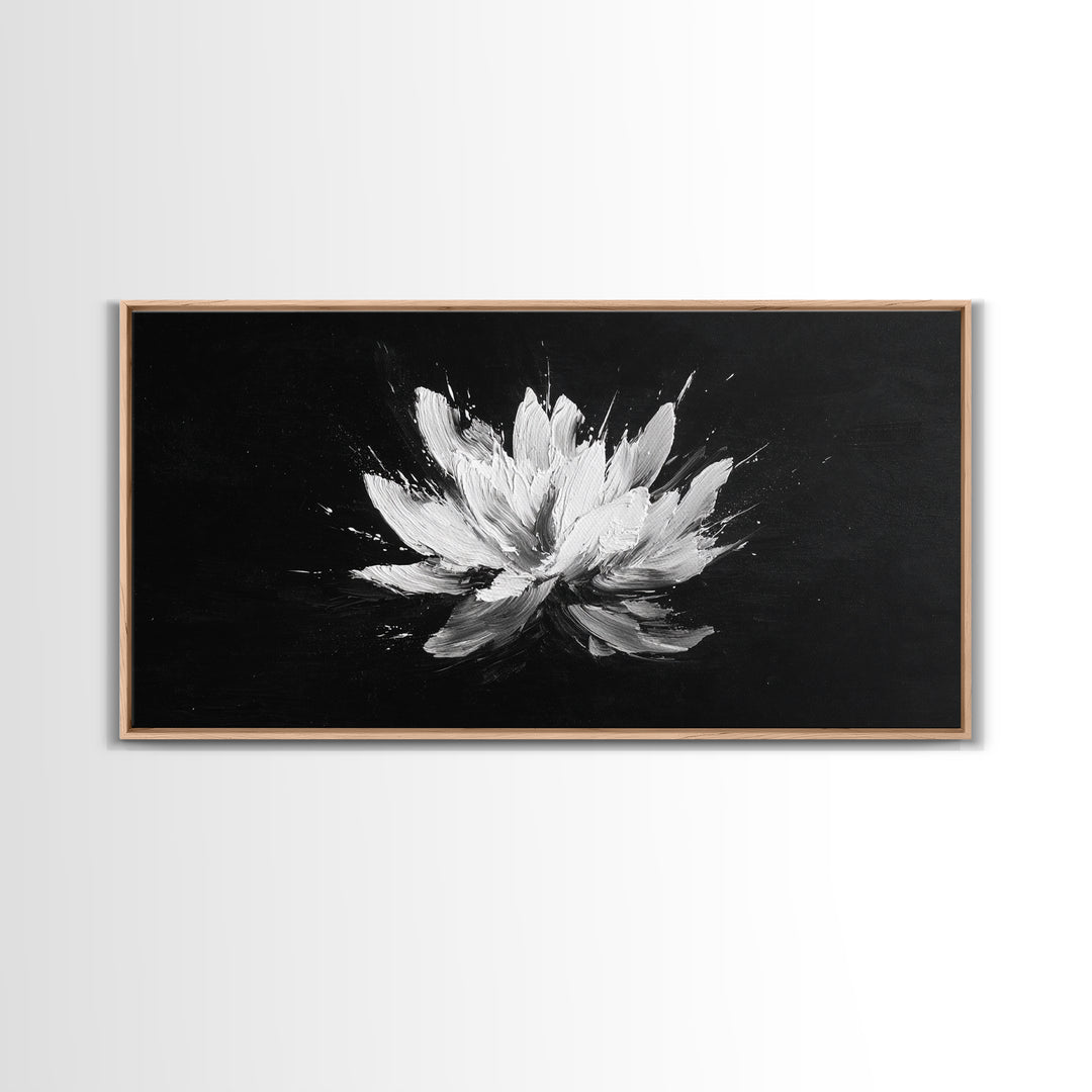 Abstract White Flower On Black Background Minimalist Wall Art Modern Home Decor Canvas Print For Living Room And Bedroom