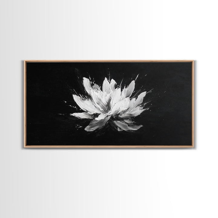Abstract White Flower On Black Background Minimalist Wall Art Modern Home Decor Canvas Print For Living Room And Bedroom