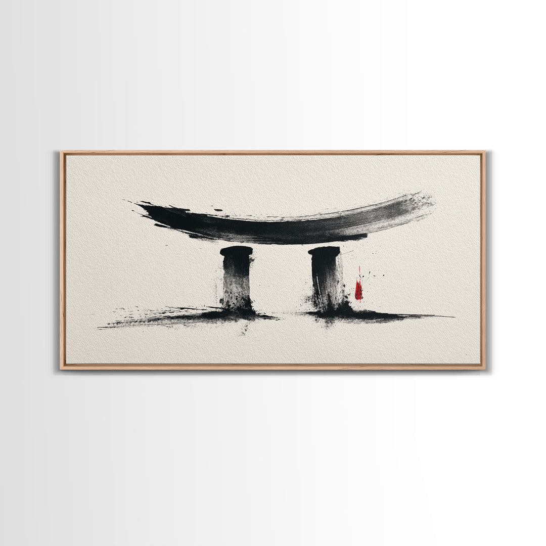 Minimalist Abstract Black Ink Calligraphy Inspired Wall Art Featuring Stylized Traditional Japanese Torii Gate In Ink Wash Style Framed Canvas Print