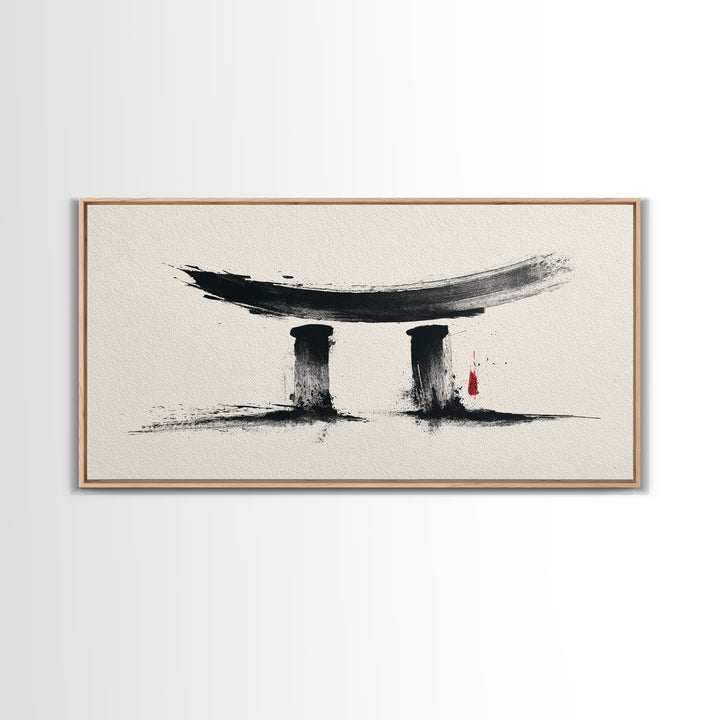 Minimalist Abstract Black Ink Calligraphy Inspired Wall Art Featuring Stylized Traditional Japanese Torii Gate In Ink Wash Style Framed Canvas Print