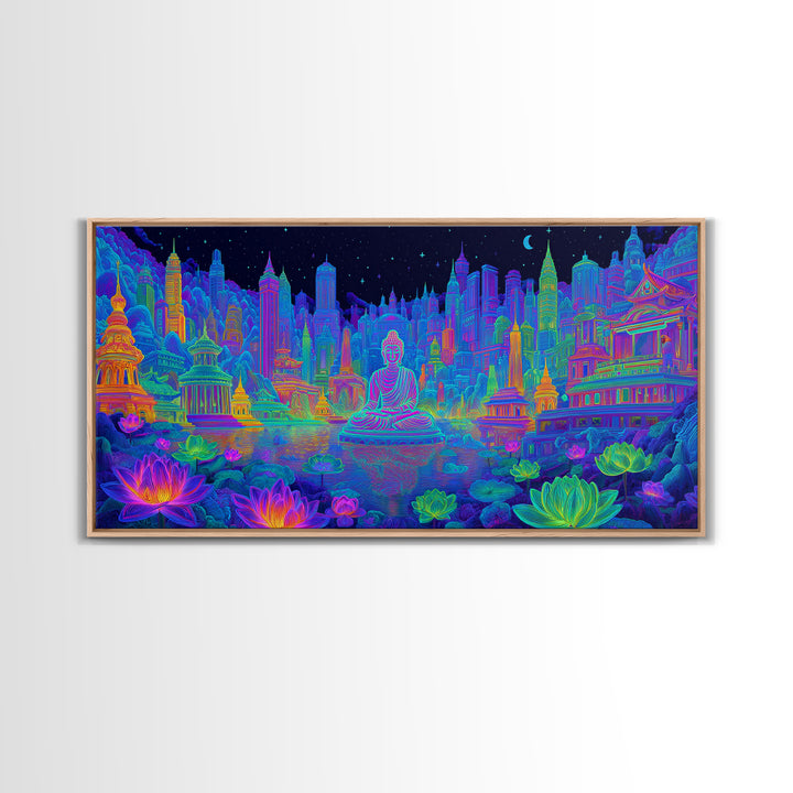 Vibrant Neon Cityscape With Buddha Statue And Lotus Flowers Modern Wall Art Colorful Spiritual Canvas Print