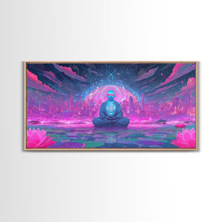 Futuristic Meditating Figure With Neon Cityscape Abstract Wall Art Framed Canvas Print For Office And Living Room