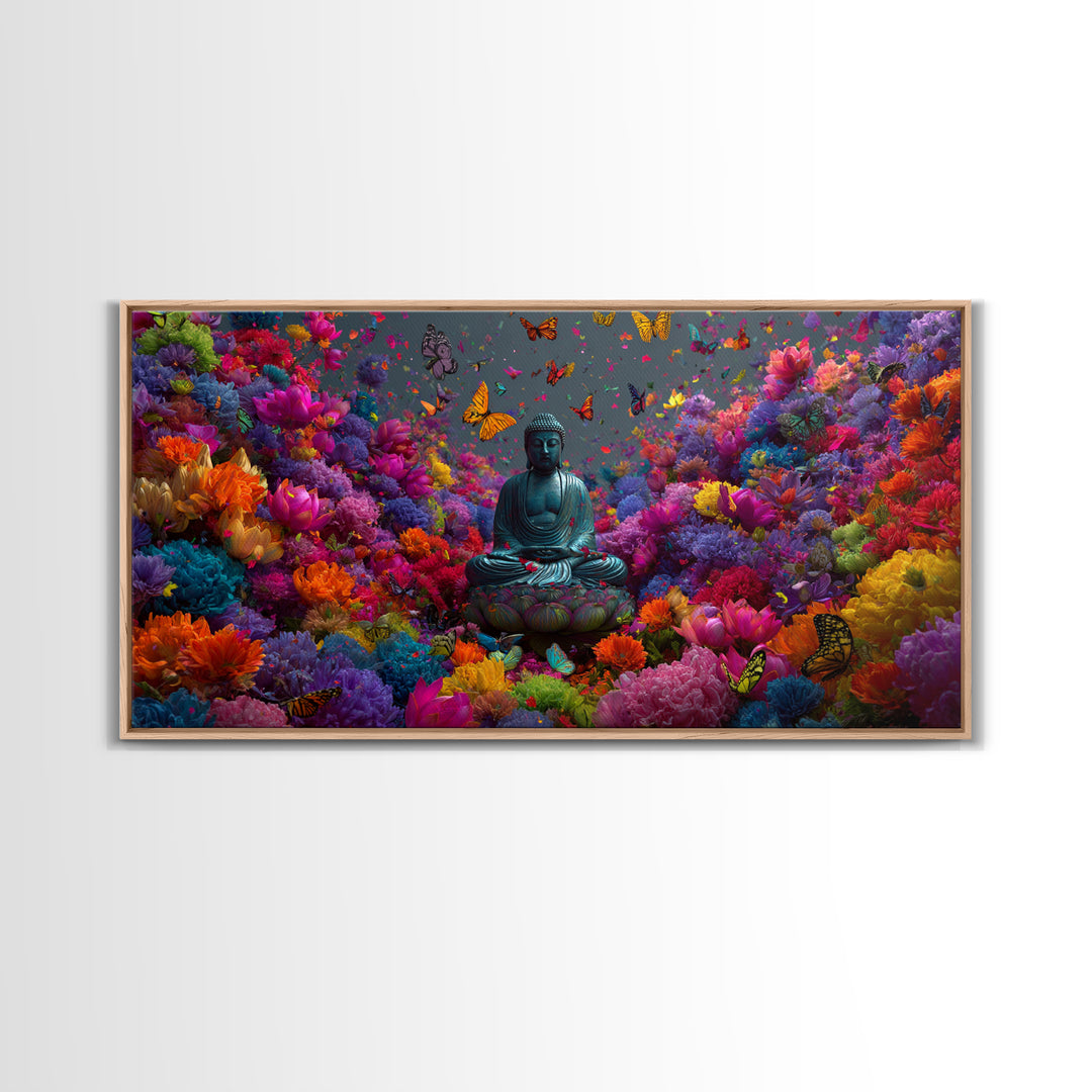 Meditative Buddha Statue Surrounded By Colorful Flowers And Butterflies Contemporary Wall Art Framed Canvas Print