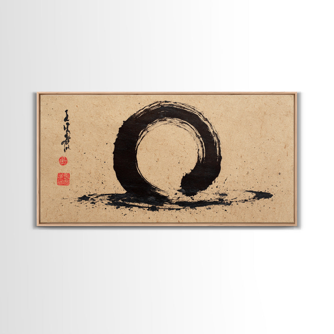 Minimalist Black Ink Enso Circle Painting On Textured Paper Modern Abstract Wall Art Framed Canvas Print For Contemporary Home Decor