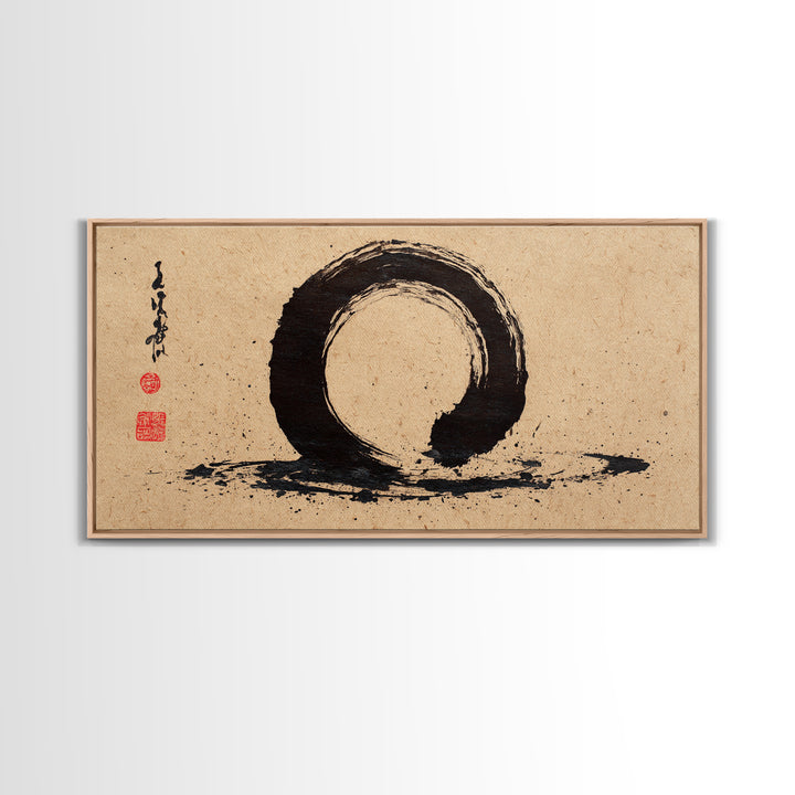 Minimalist Black Ink Enso Circle Painting On Textured Paper Modern Abstract Wall Art Framed Canvas Print For Contemporary Home Decor