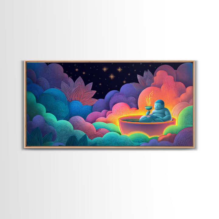 Colorful Vibrant Buddha With Neon Aura And Dynamic Clouds Spiritual Wall Art For Meditation Room And Yoga Studio Canvas Print