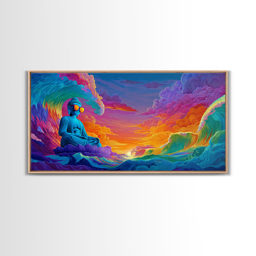 Vibrant Ocean Waves And Blue Buddha Sunset Landscape Wall Art Canvas Print For Relaxing Home Decor And Living Room