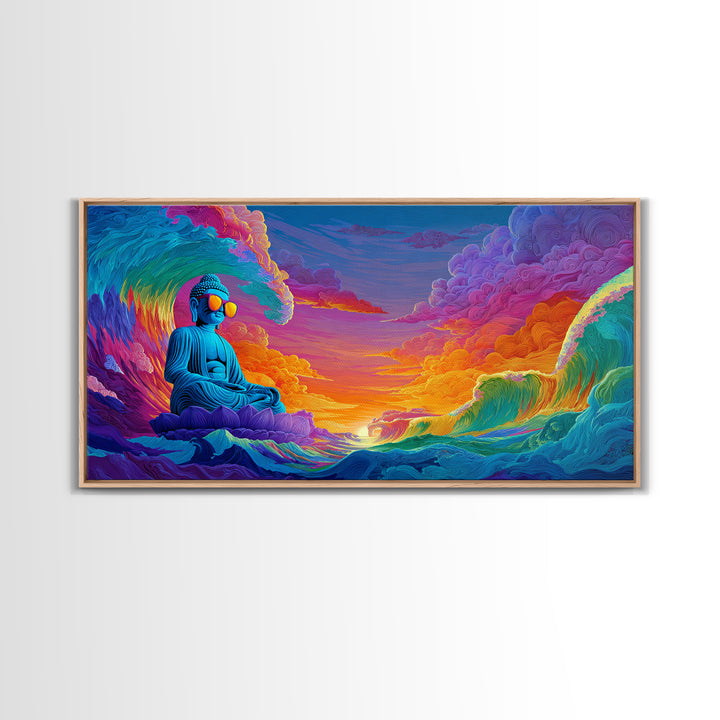 Vibrant Ocean Waves And Blue Buddha Sunset Landscape Wall Art Canvas Print For Relaxing Home Decor And Living Room