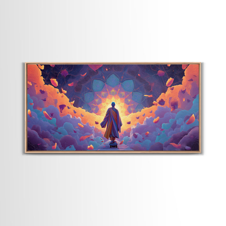 Mystical Monk Walking On Path Surrounded By Glowing Petals Spiritual Canvas Print Meditative Wall Art For Home Decor