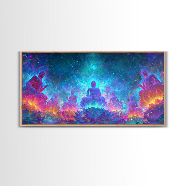 Mystical Buddha Statues Surrounded By Vibrant Lotus Flowers Spiritual Wall Art For Yoga Room Decor Canvas Print