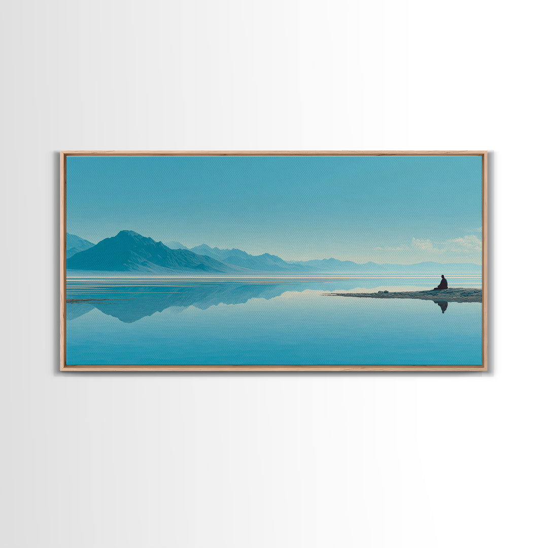 Tranquil Meditation Scene On Lake With Person Sitting Calm Water And Mountains Framed Canvas Print Zen Wall Art For Home Decor