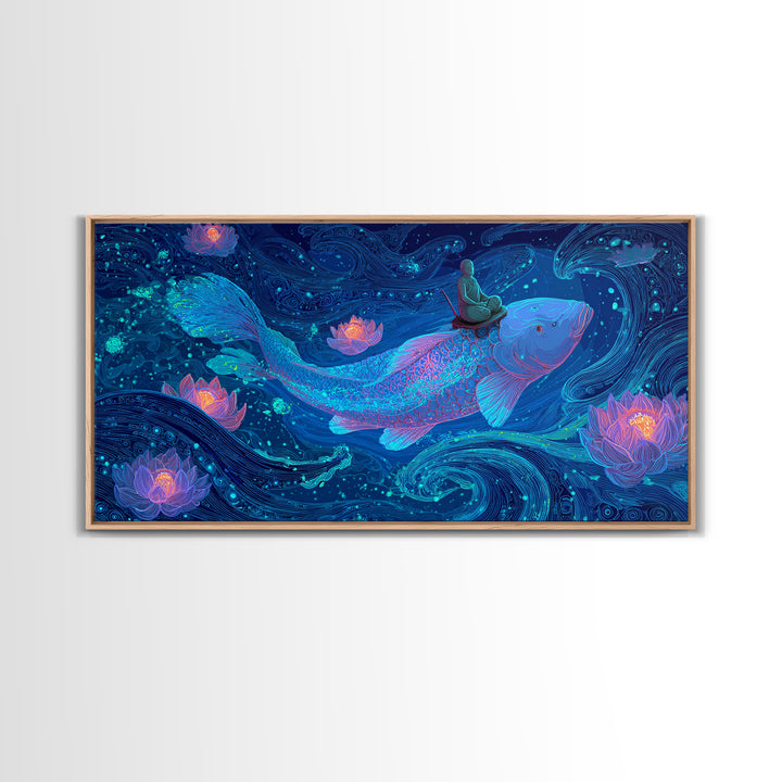 Magical Koi Fish Swimming Among Lotus Flowers In Blue Water Contemporary Wall Art Canvas Print For Zen Home Decor And Spa Rooms