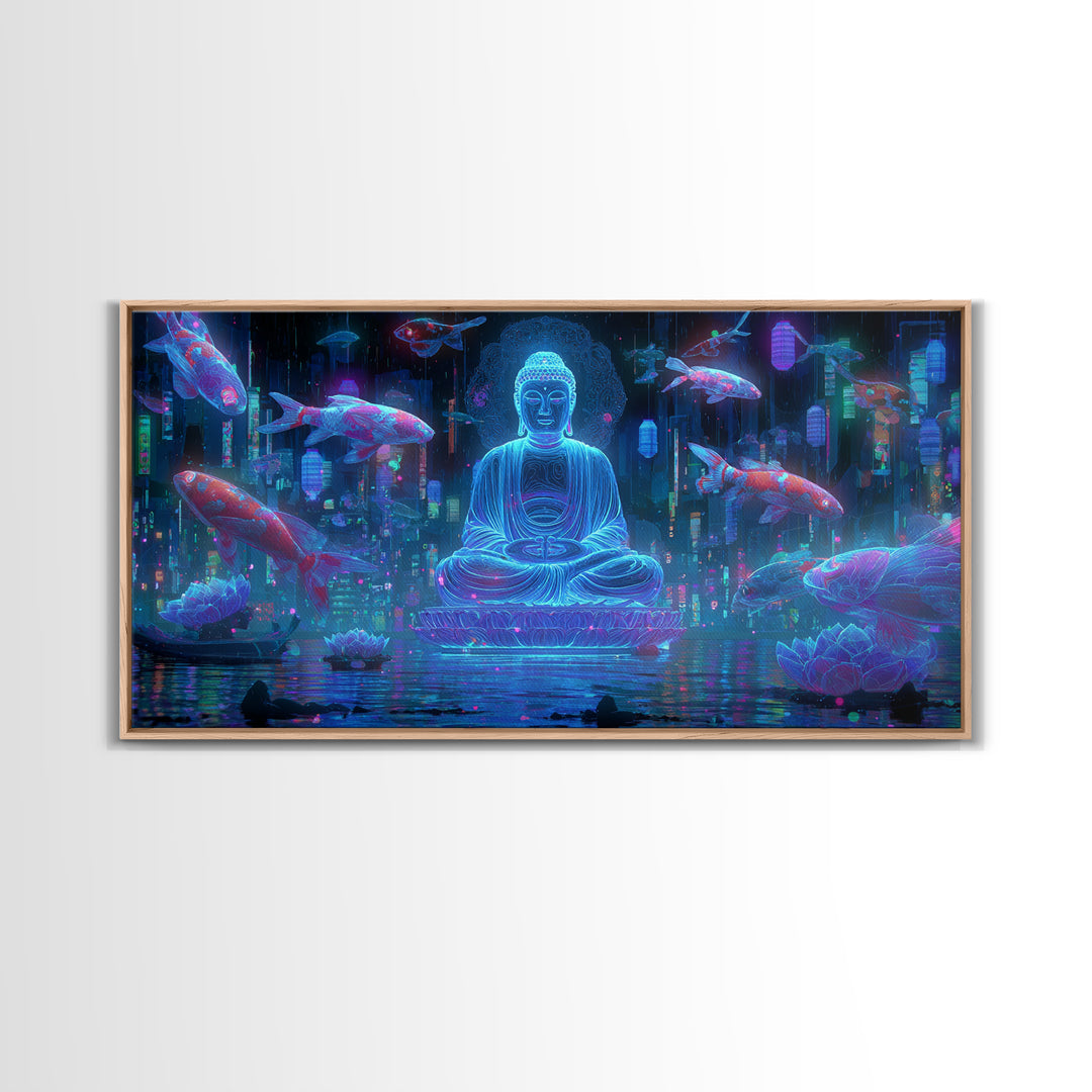 Mystical Neon Buddha Sitting With Koi Fish In Cyber Water Garden Wall Art Digital Canvas Print For Modern Home Decor