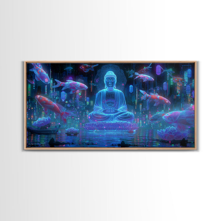Mystical Neon Buddha Sitting With Koi Fish In Cyber Water Garden Wall Art Digital Canvas Print For Modern Home Decor