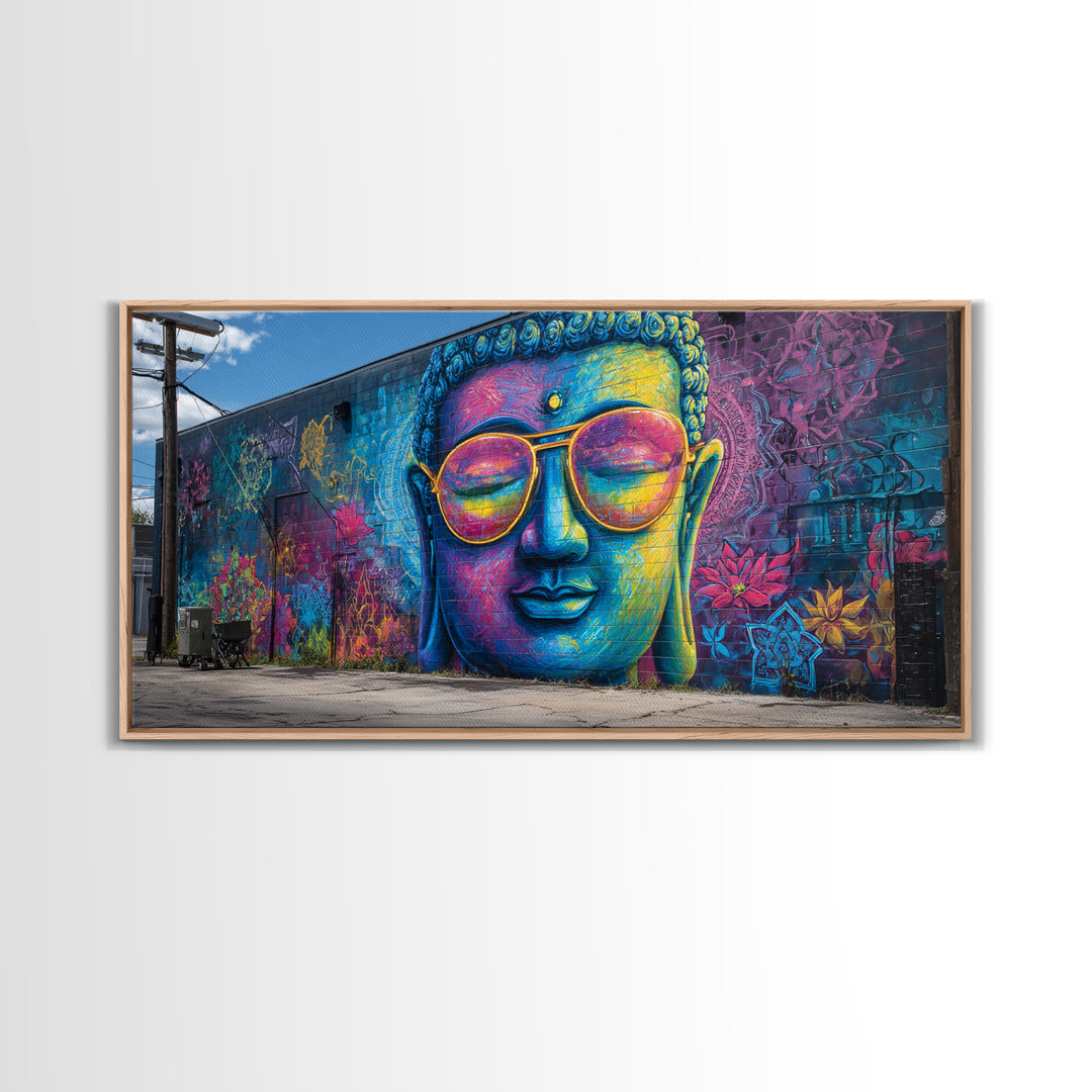 Colorful Graffiti Mural Of Buddha Wearing Sunglasses Vibrant Street Art Wall Art Framed Canvas Print