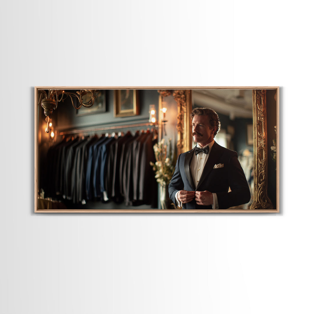 Dapper Tailor In Elegant Suit Shop Wall Art, Masculine Office Decor, Fashion Wall Art, Gift For Him Canvas Print, Mens Wall Art