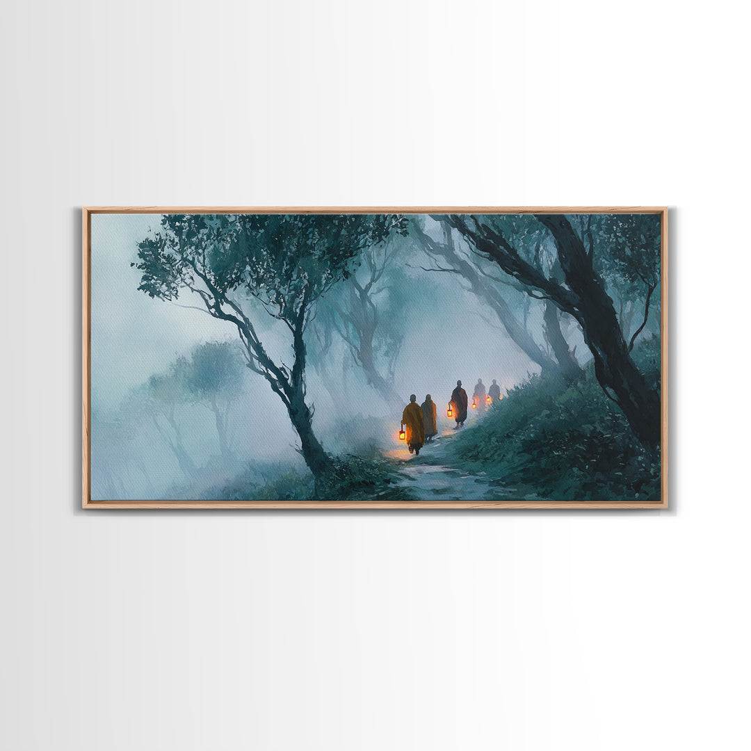 Mystical Monks Walking With Lanterns Through Foggy Forest Trail Wall Art Framed Canvas Print For Tranquil Home Decor