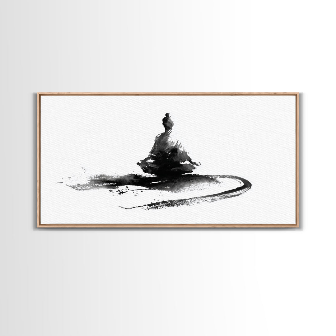 Minimalist Black And White Ink Painting Of Meditating Figure Abstract Wall Art Canvas Print For Modern Home Decor
