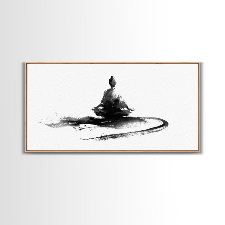 Minimalist Black And White Ink Painting Of Meditating Figure Abstract Wall Art Canvas Print For Modern Home Decor