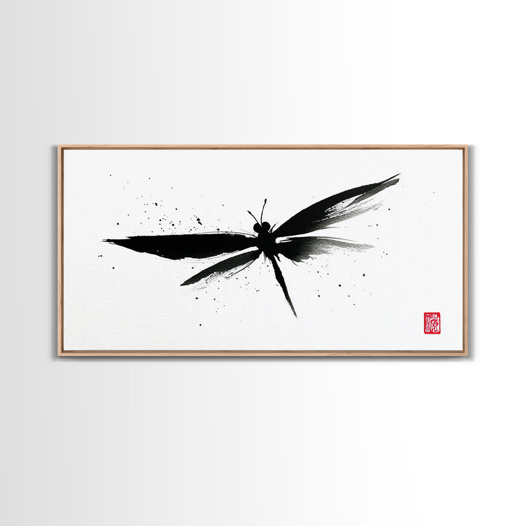 Zen Brush Stroke Dragonfly Japanese Ink Painting Minimalist Black And White Wall Art For Modern Home Decor Canvas Print