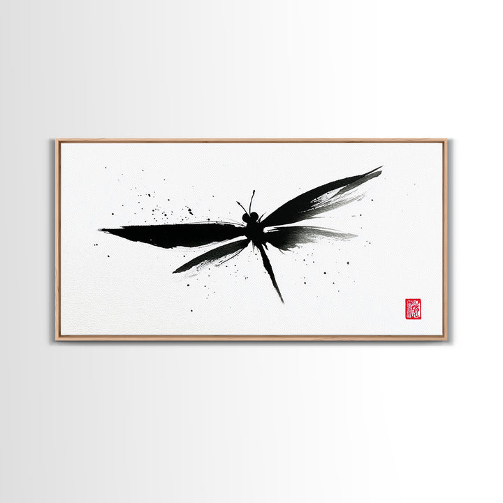 Zen Brush Stroke Dragonfly Japanese Ink Painting Minimalist Black And White Wall Art For Modern Home Decor Canvas Print