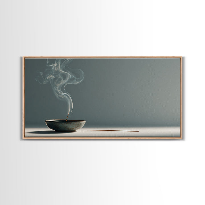 Minimalist Still Life Incense Burner With Smoke Rising On Muted Background Contemporary Zen Wall Art Canvas Print For Home Relaxation