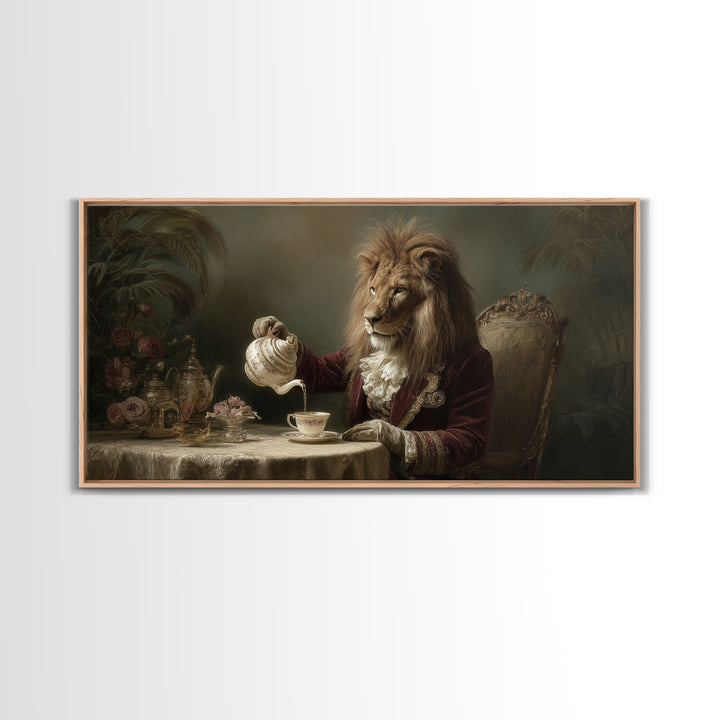 Regal Lion Having Afternoon Tea Wall Art, Whimsical Animal Canvas Print, Funny Bathroom Decor, Unique Gift For Her, Quirky Wall Decor