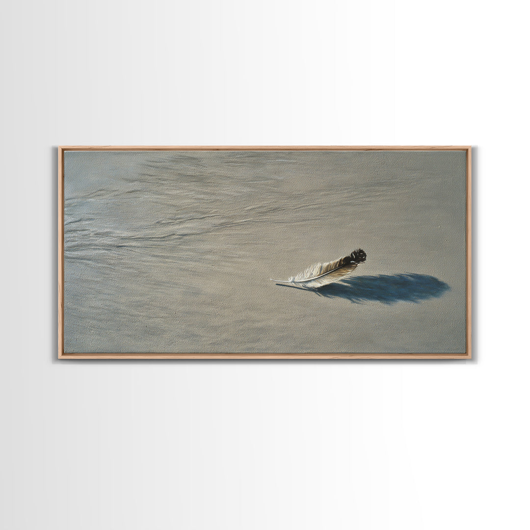 Delicate Single Feather With Realistic Shadow In Soft Beige Canvas Print For Elegant Wall Art Home Decor