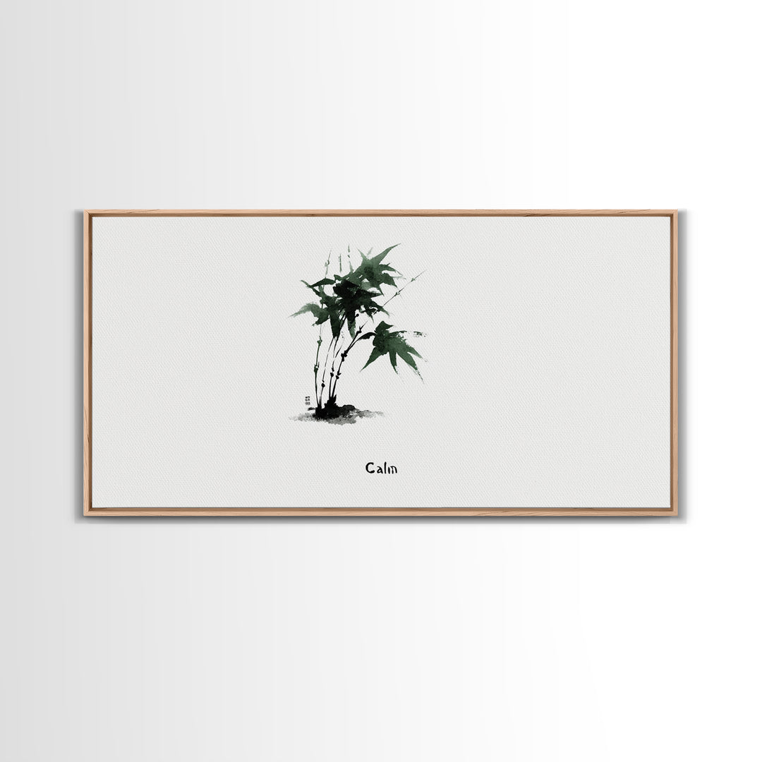 Minimalist Japanese Ink Painting Of Green Maple Leaves Calm Nature Wall Art Framed Canvas Print For Zen Home Decor