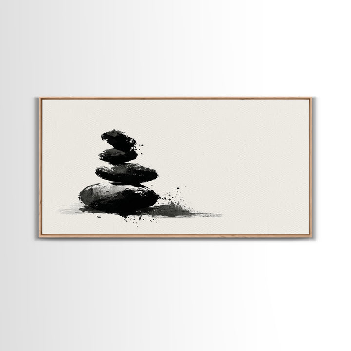 Minimalist Black And White Zen Stones Abstract Painting Wall Art Framed Canvas Print For Modern Home Decor