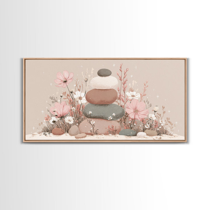 Stacked Zen Stones Wall Art, Pink Floral Spa Decor, Wabi Sabi Neutral Home Decor, Calming Bathroom Meditation Canvas Print