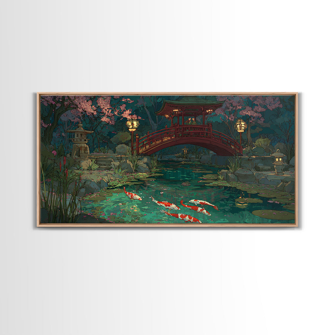 Peaceful Japanese Garden Pond With Koi Fish And Traditional Bridge Painting, Serene Wall Art, Framed Canvas Print For Zen Home Decor