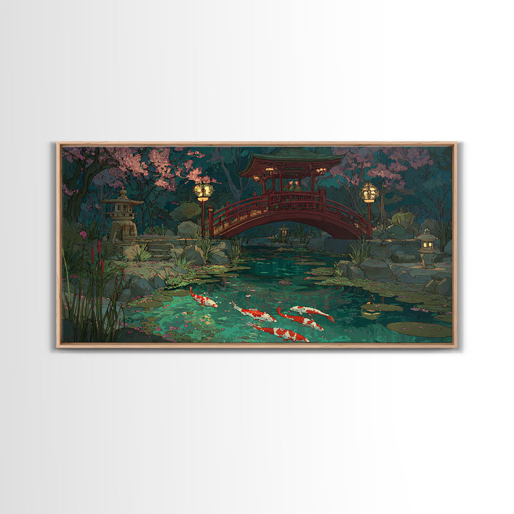 Peaceful Japanese Garden Pond With Koi Fish And Traditional Bridge Painting, Serene Wall Art, Framed Canvas Print For Zen Home Decor