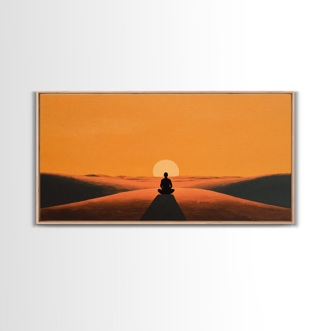 Meditative Silhouette On Warm Sunset Dunes Minimalist Wall Art Canvas Print For Relaxing Home Décor